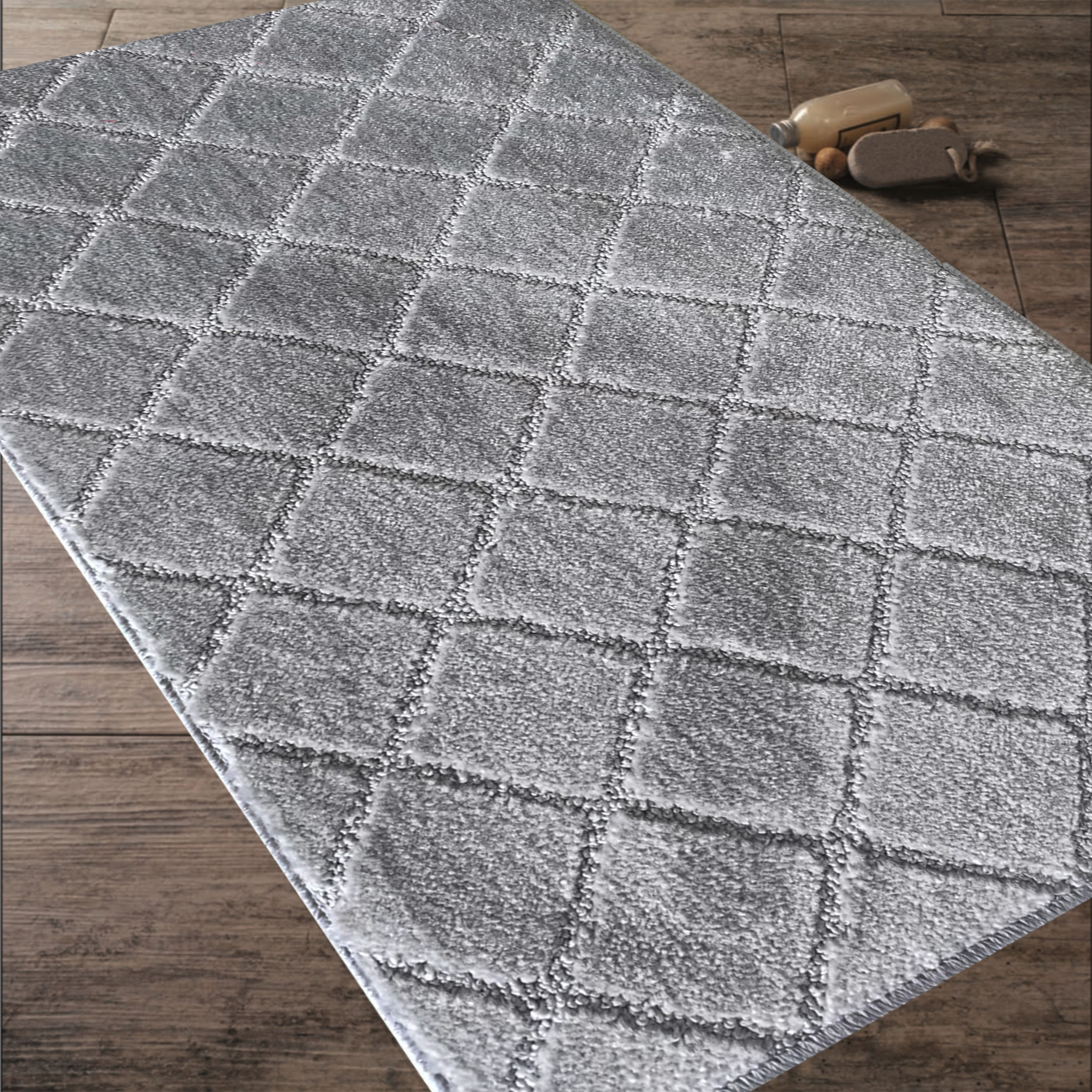 Komplet Dywaników Łazienkowych Montana Krata - Szary Pod WC Antypoślizgowy