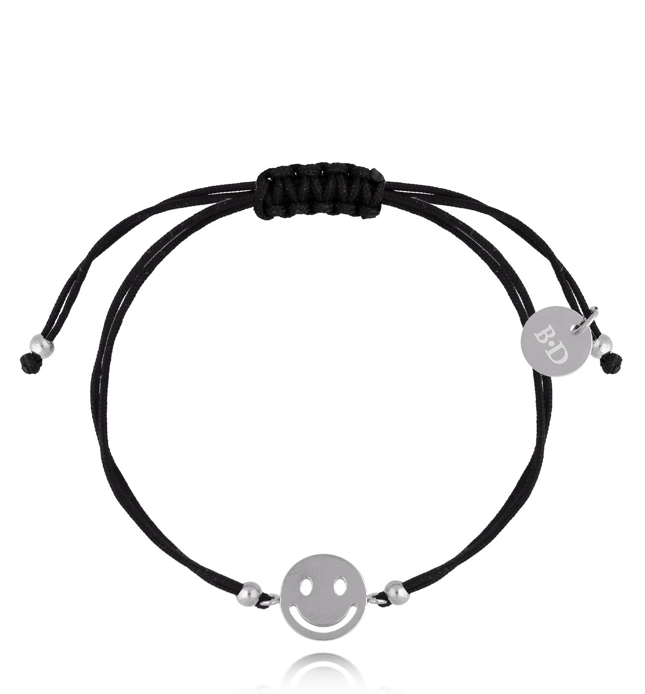 Bransoletka srebrna z czarnym sznurkiem i buźką Joyful BGL0662