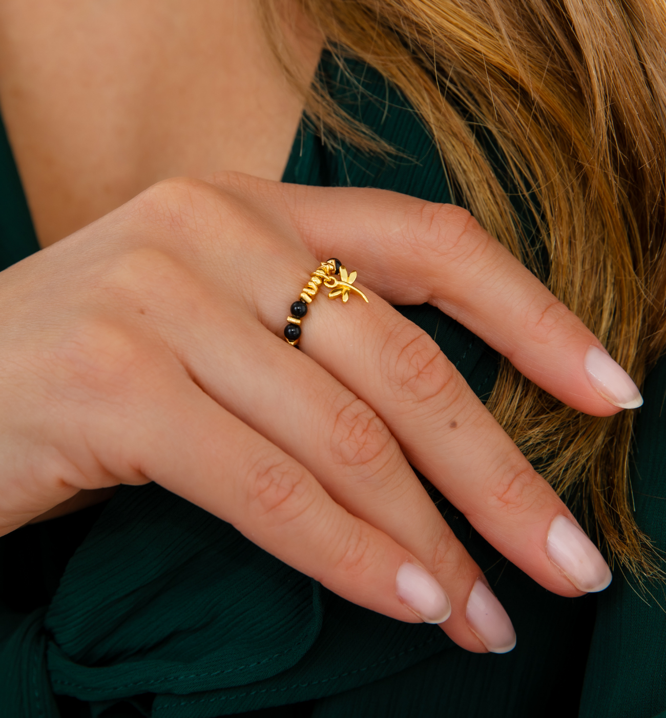 Pierścionek z agatami i ważką złoty PLT0003