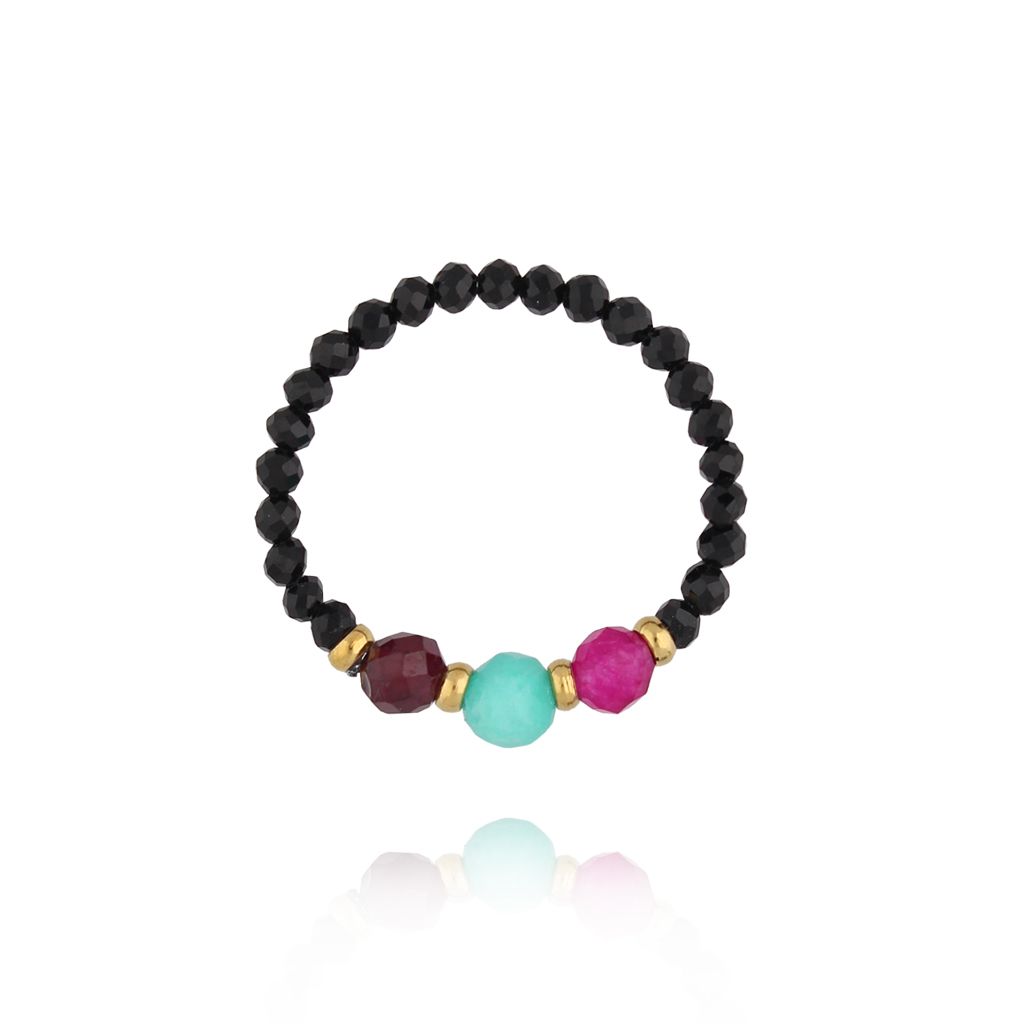 Pierścionek z czarnymi turmalinami i kolorowymi kamieniami - By Dziubeka