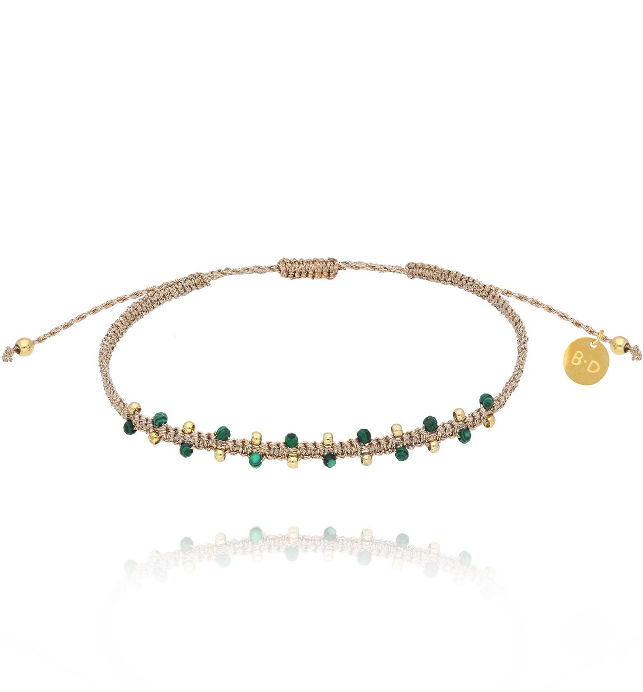Bransoletka z malachitami i beżowym sznurkiem BMT0303 - By Dziubeka