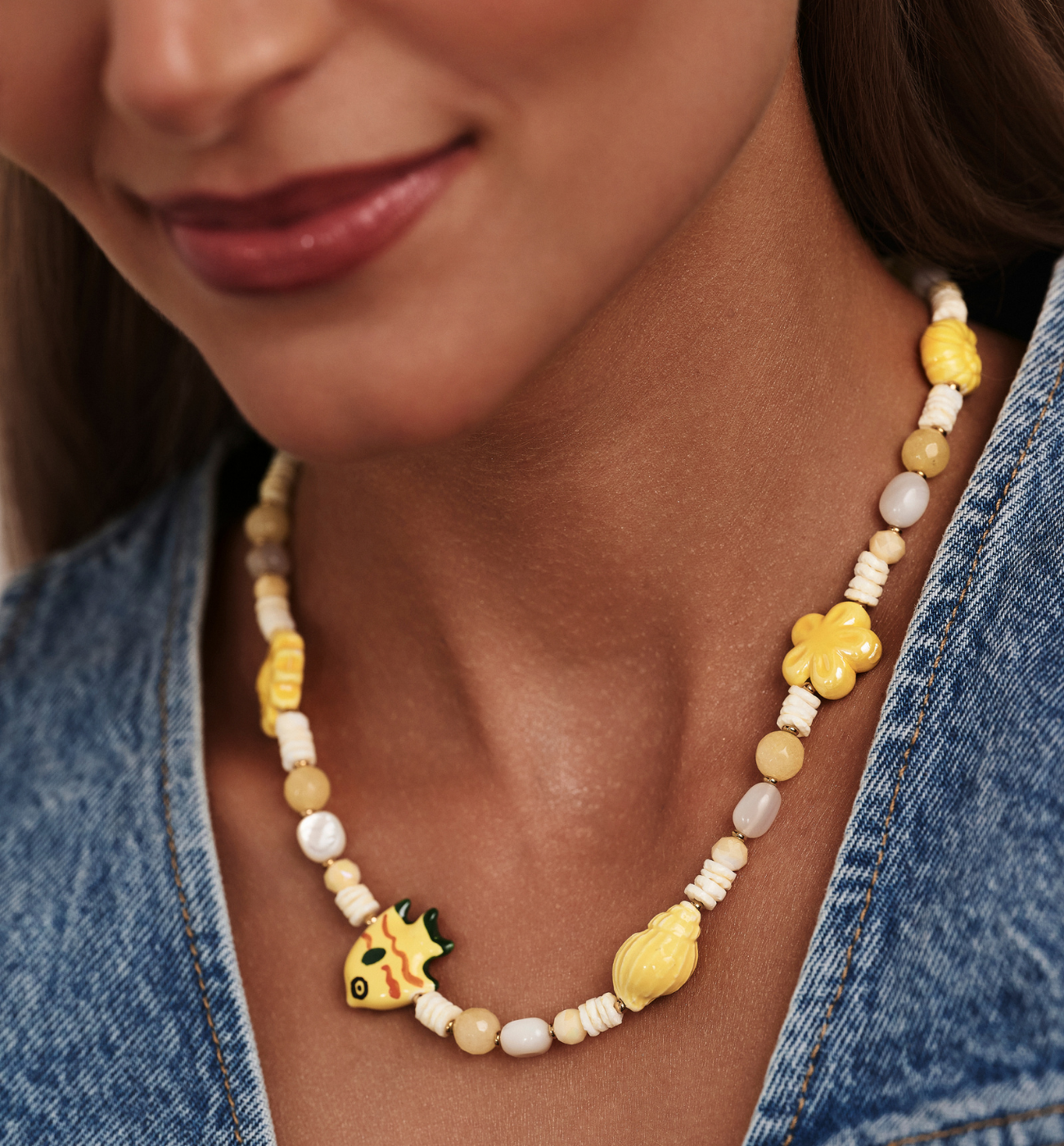 Naszyjnik żółty z muszlami i rybką NSH0115