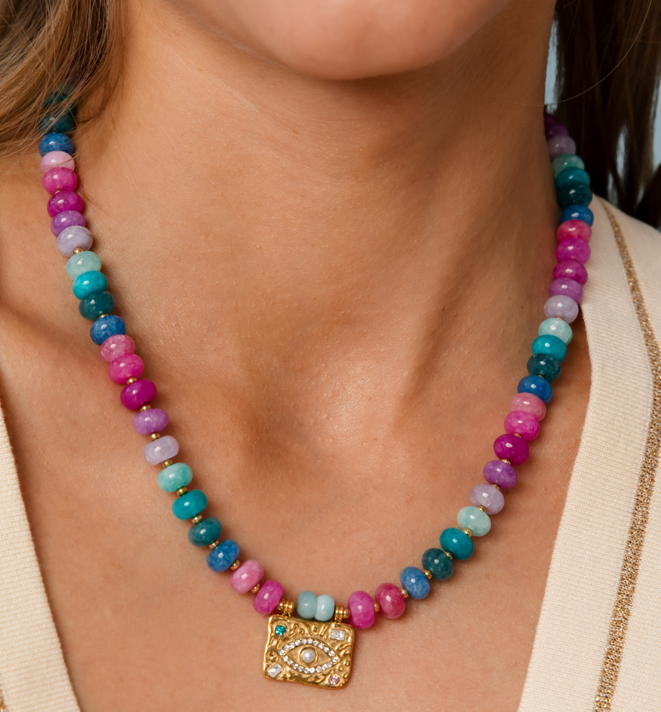 Naszyjnik tęczowy z prostokątną zawieszką - By Dziubeka