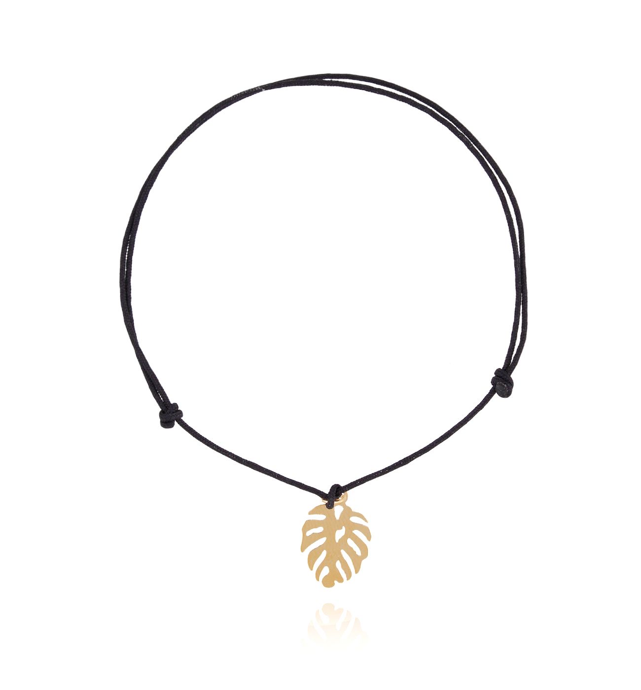 Bransoletka pozłacana z liściem monstera na czarnym sznurku BSE0085