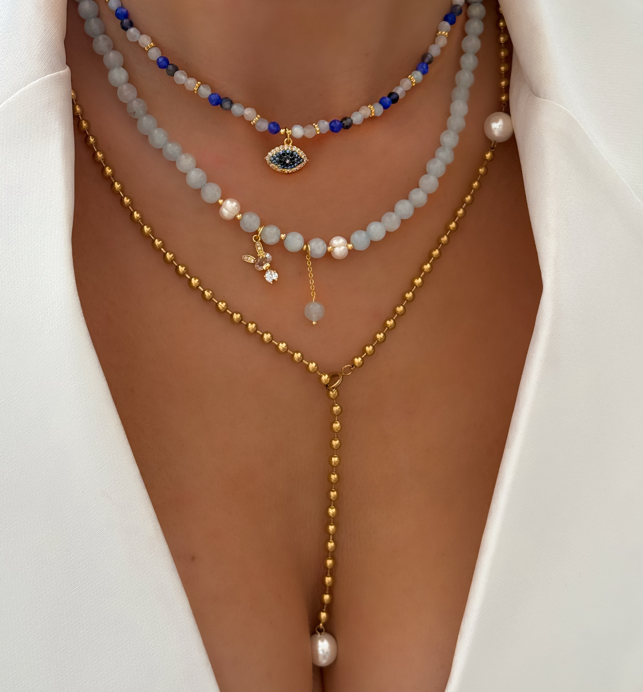 Zestaw błękitnych i złotych naszyjników Z0495 - By Dziubeka