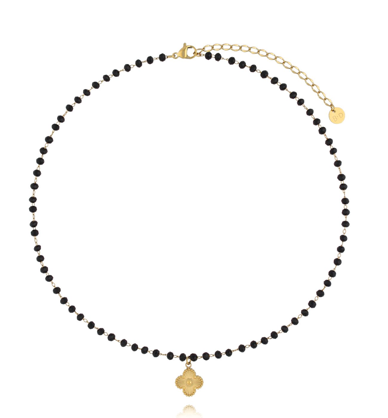 Naszyjnik z czarnymi turmalinami i złotą koniczynką NSY0687 - By Dziubeka