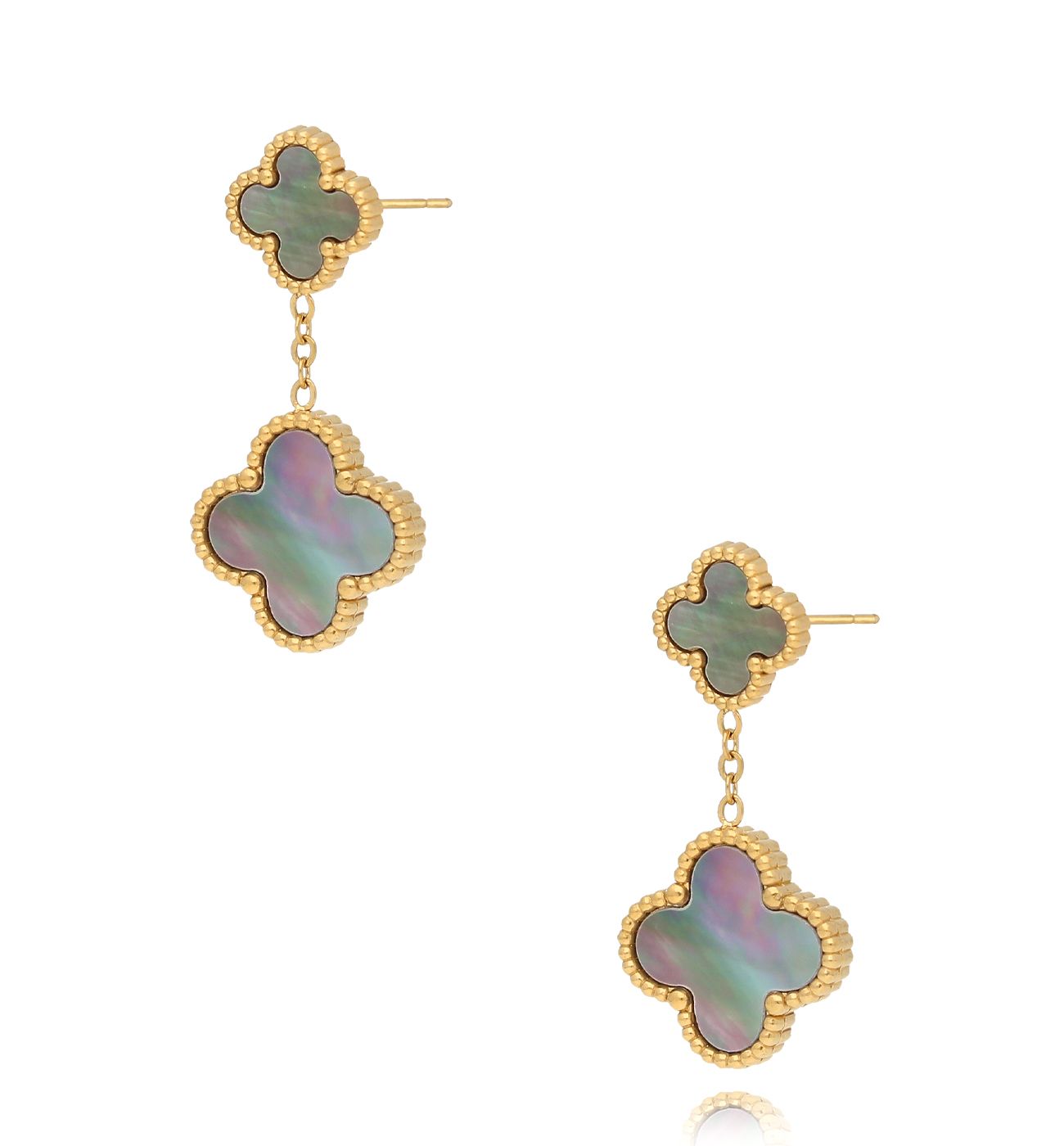 Kolczyki z koniczynkami z szarą masą perłową złote Luck in Leaves KSY0207 - By Dziubeka