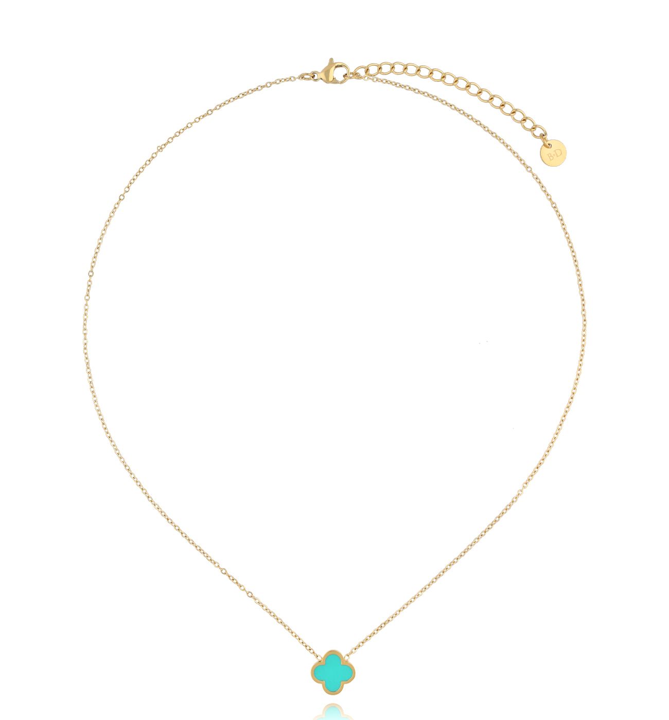 Naszyjnik złoty z koniczynką z turkusową emalią Heureux - By Dziubeka