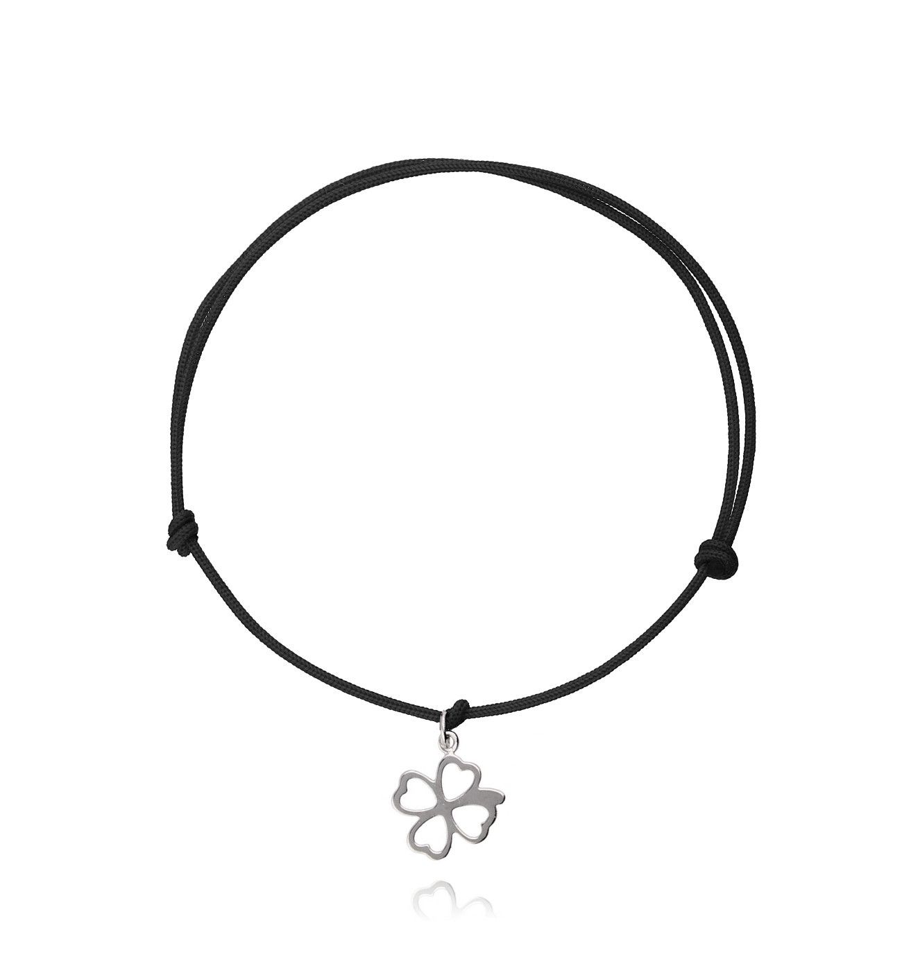 Bransoletka srebrna koniczynka na czarnym sznurku BSE0054