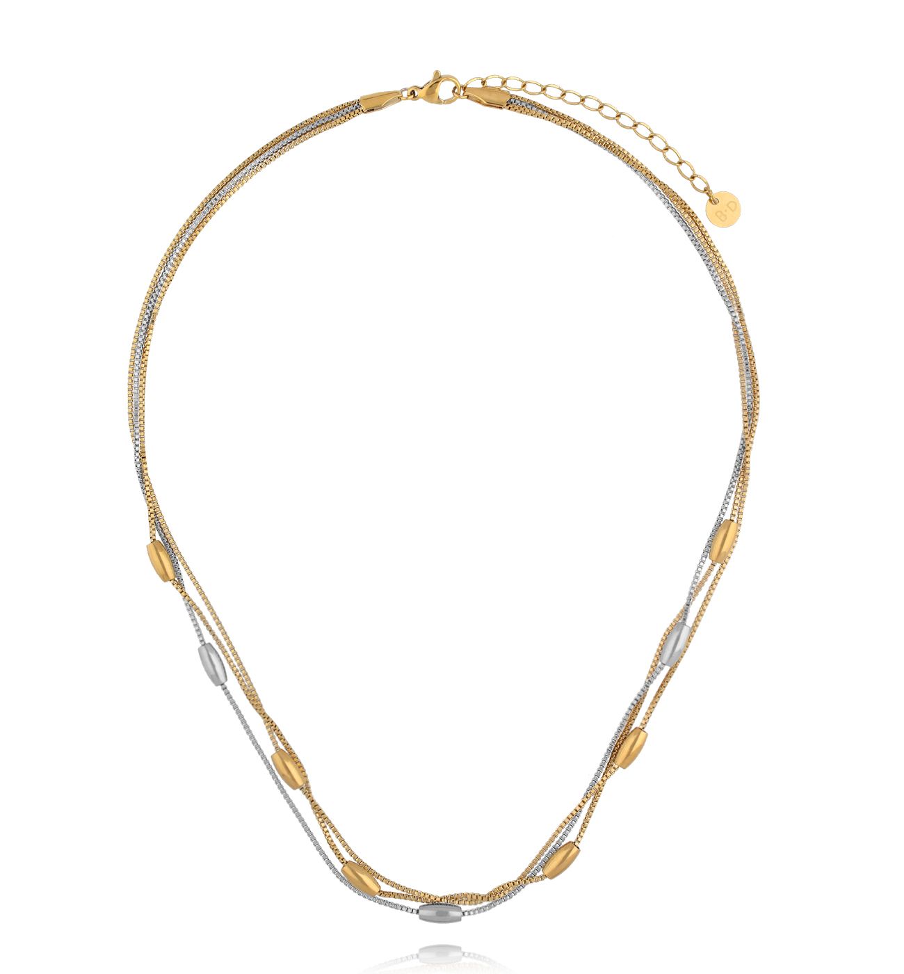 Naszyjnik potrójny z owalnymi elementami srebrno złoty NSY0661