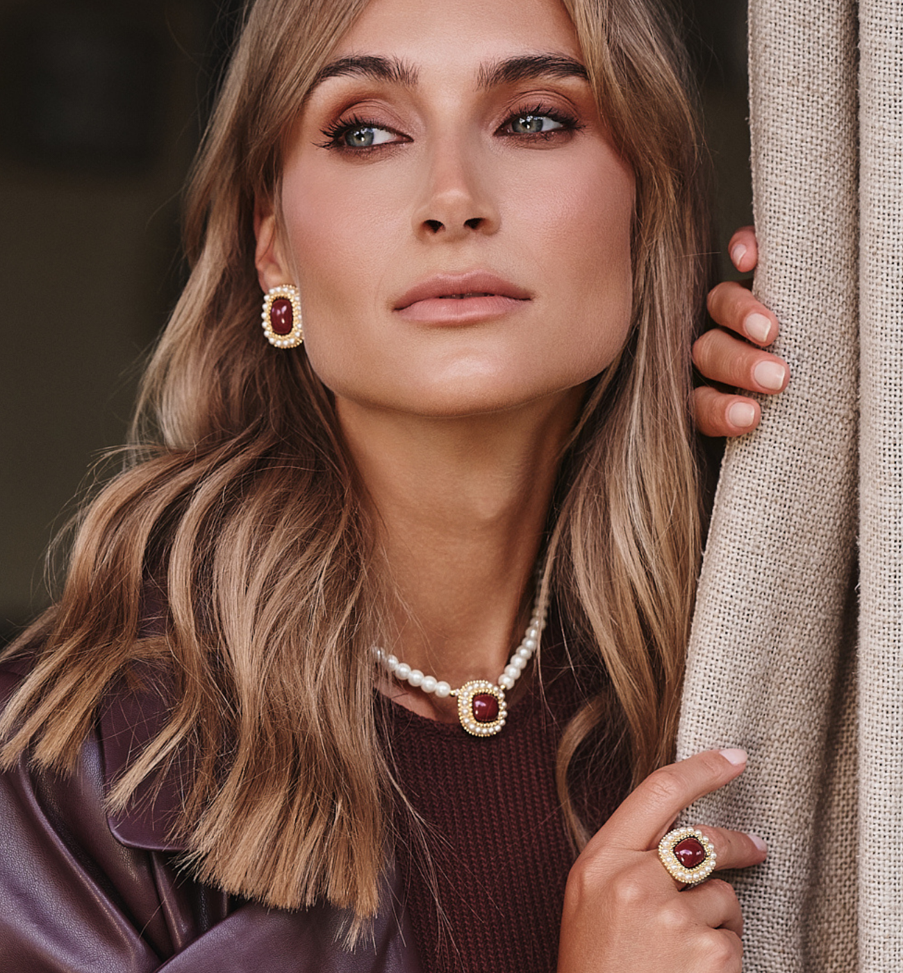 Zestaw z perłami i bordowym akcentem ZN0014 - By Dziubeka