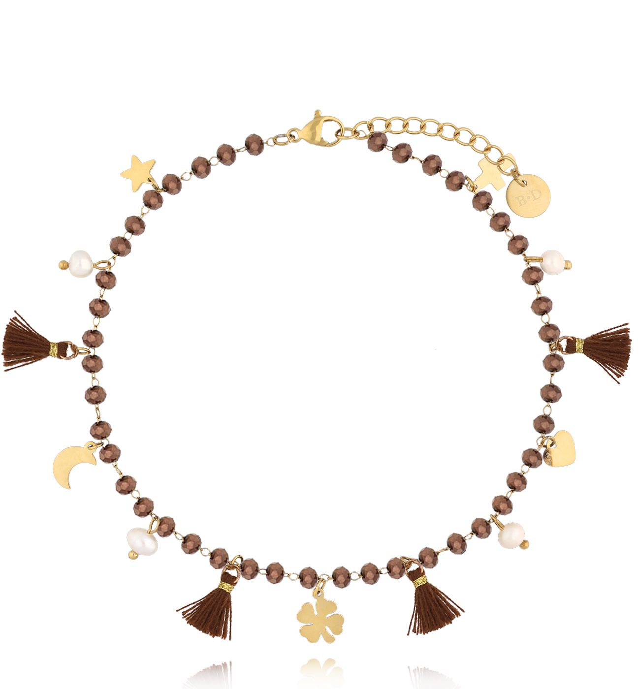 Bransoletka na nogę brązowa z charmsami i chwostami Yasemin B - By Dziubeka