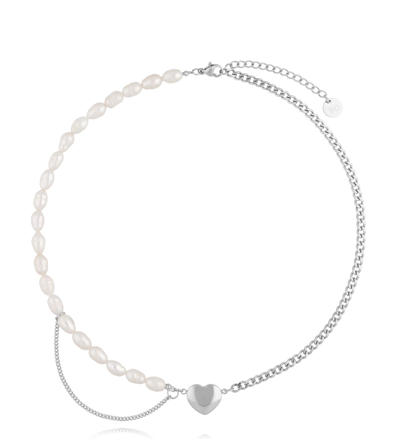 Naszyjnik srebrny z perłami i sercem Kaira - By Dziubeka