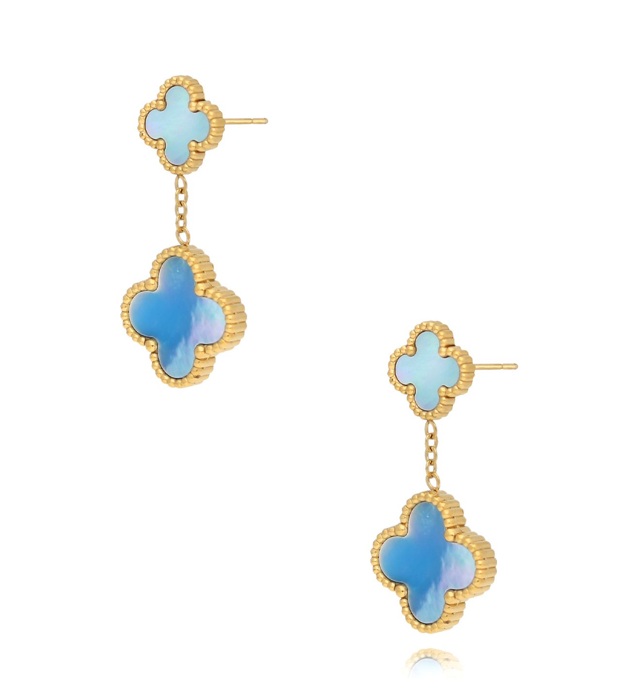 Kolczyki z koniczynkami z niebieską masą perłową złote Luck in Leaves KSY0206 - By Dziubeka