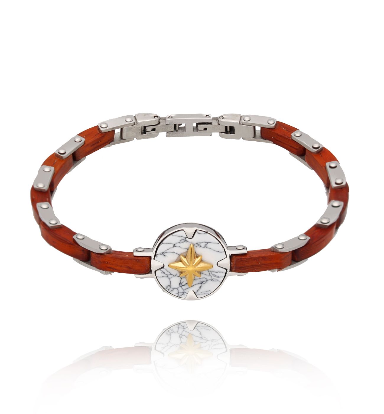 Bransoletka męska z drewna i stali z różą wiatrów Zaire BMITC0463