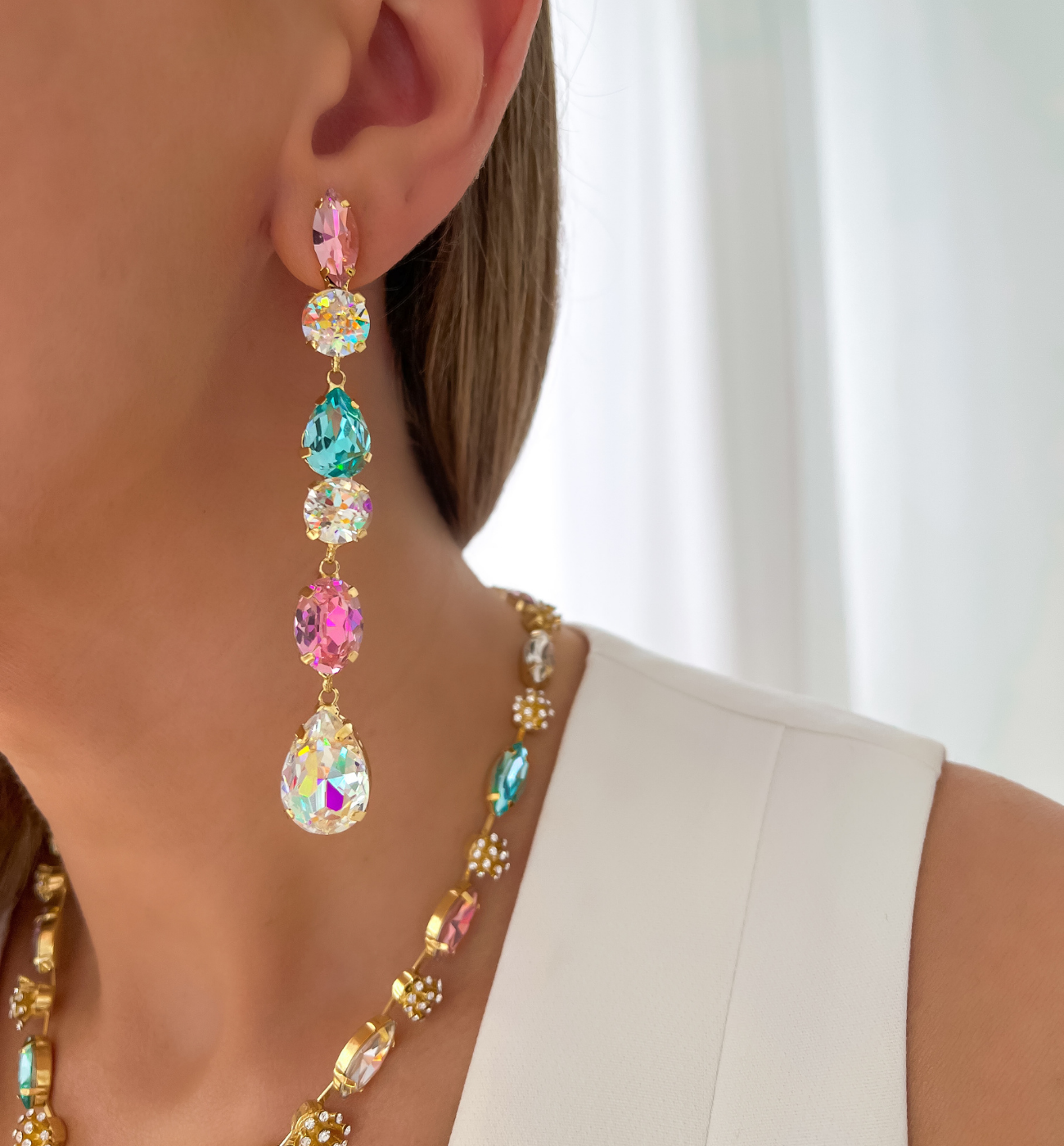 Kolczyki z różowymi i błękitnymi kryształkami - By Dziubeka