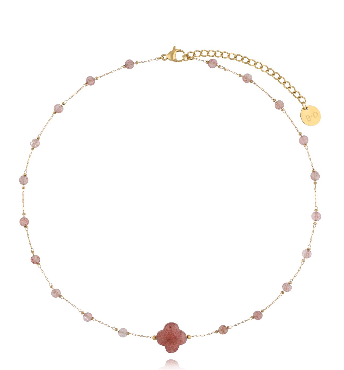 Naszyjnik z koniczynką i kwarcami truskawkowymi - By Dziubeka