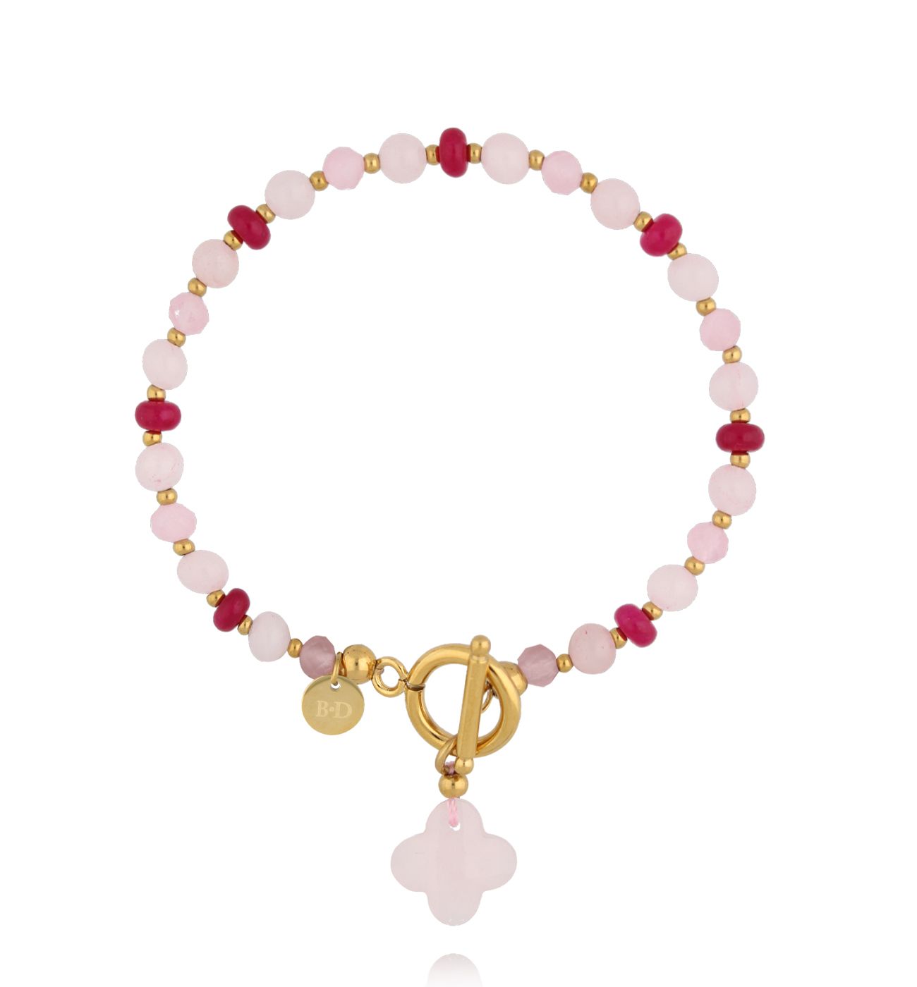 Bransoletka z różowym kwarcem i czerwonymi akcentami, zawieszka koniczyna - By Dziubeka