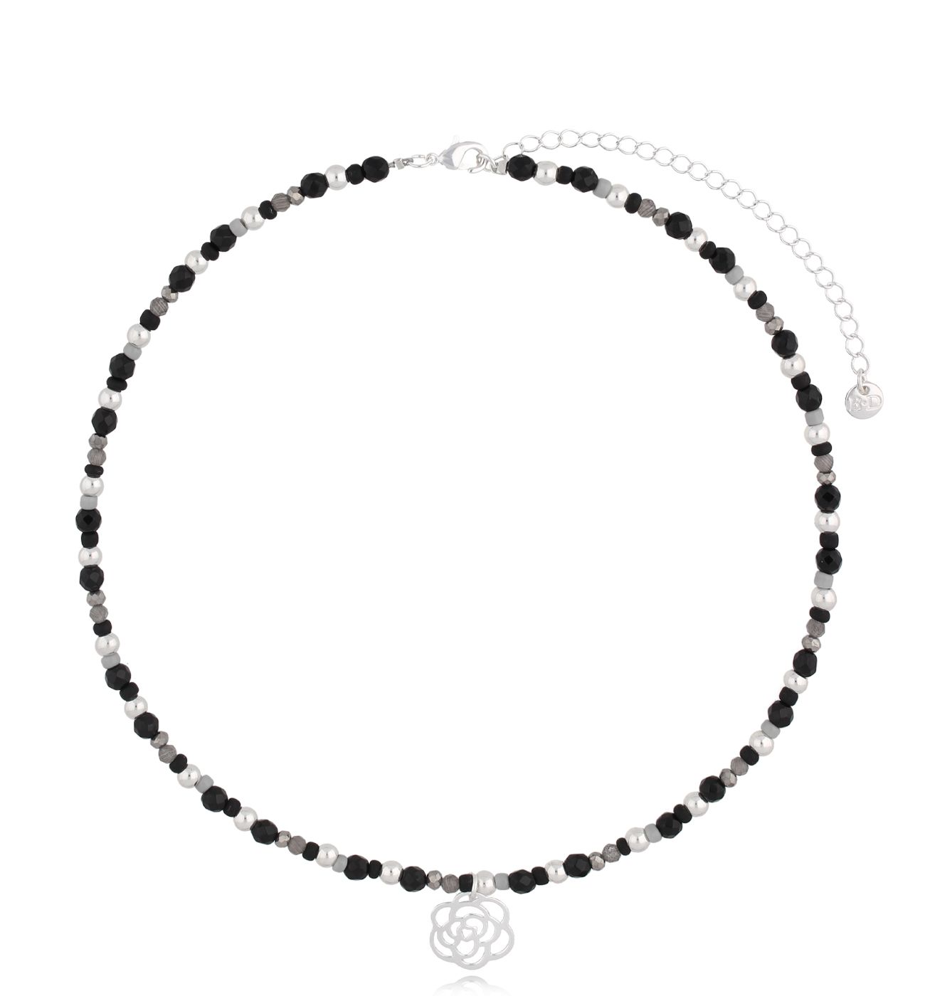 Naszyjnik czarny ze srebrną różą Sanur NBI0011