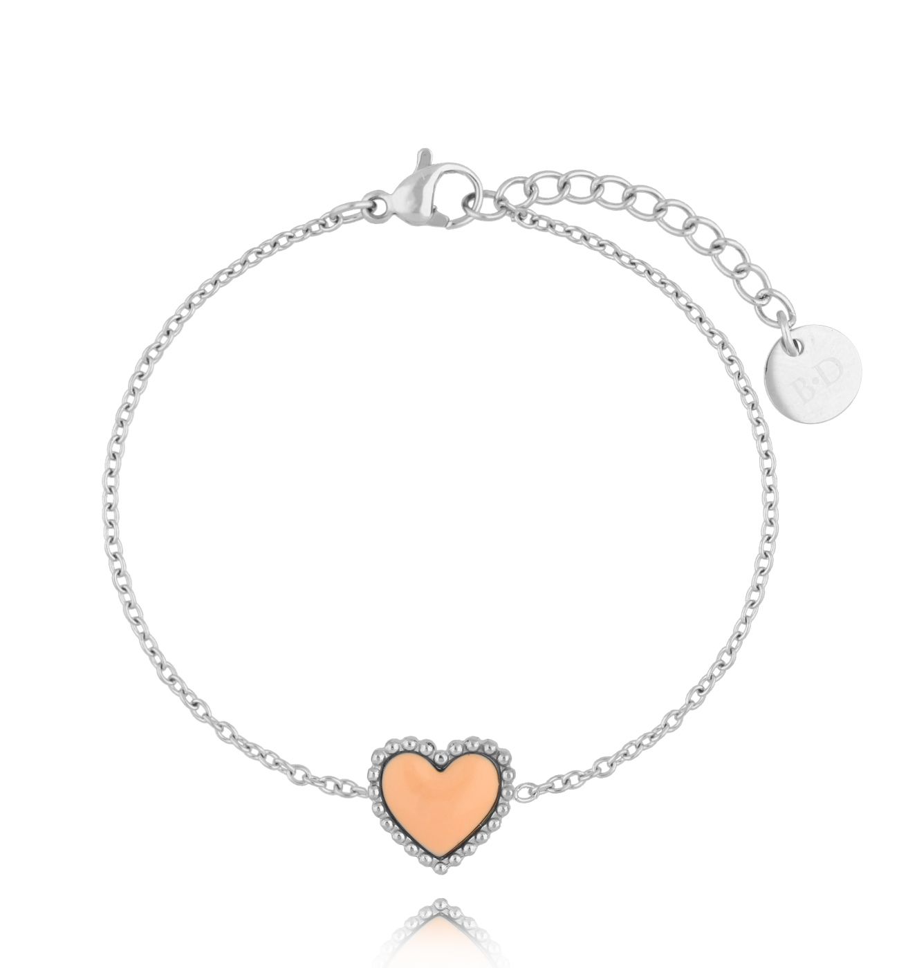 Bransoletka srebrna z sercem i brzoskwiniową emalią Enamel Heart BSA0594