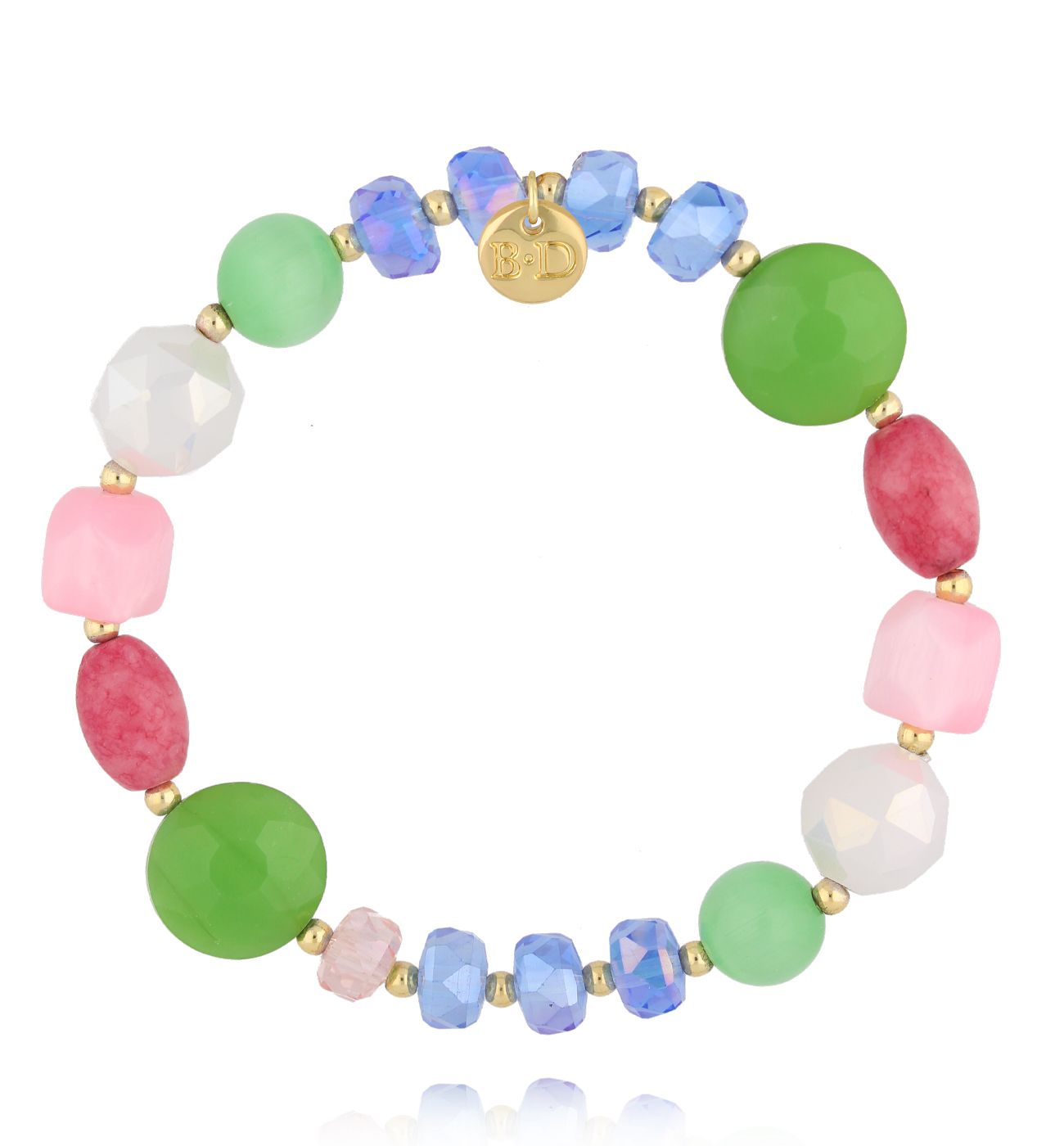 Bransoletka z różowym rodonitem, zielonym kocim okiem i akrylowymi koralikami - By Dziubeka