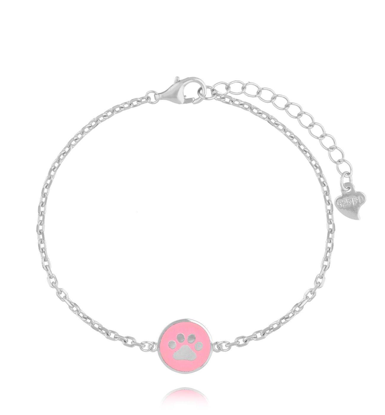 Bransoletka srebrna z łapką i różową emalią BCA0007 - By Dziubeka