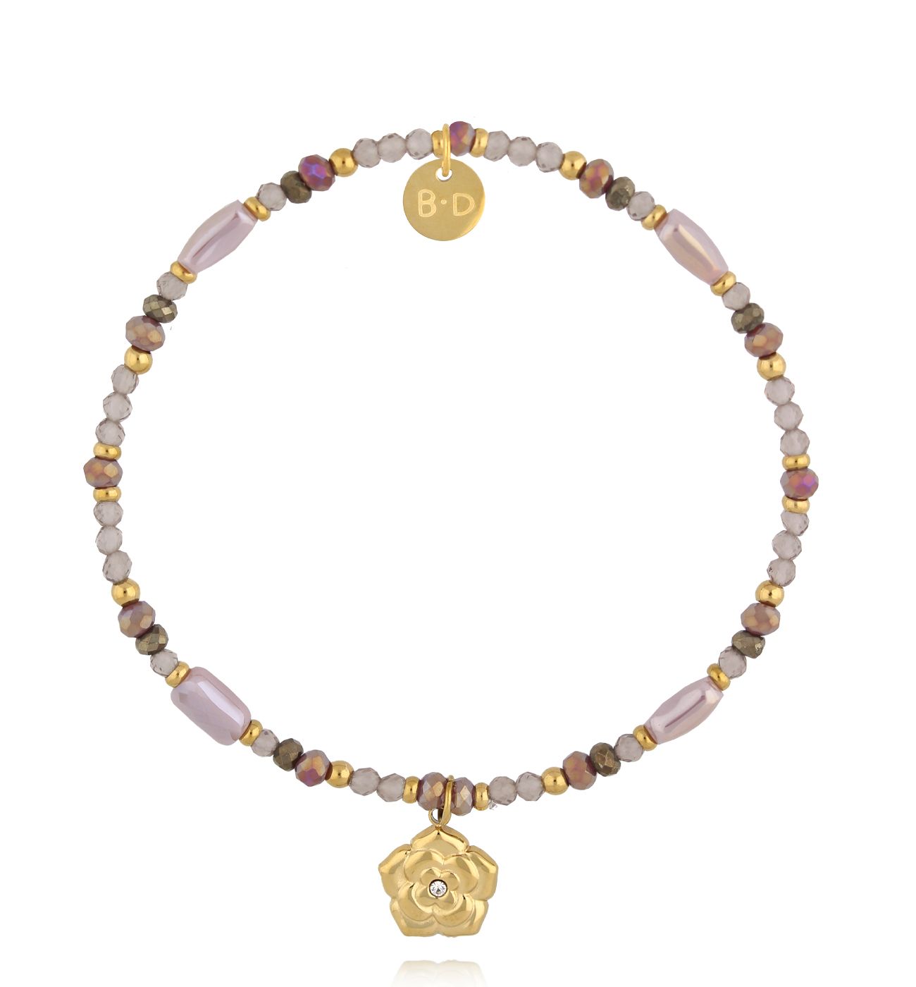 Bransoletka z kwarcem dymnym, pirytem i szkłem z zawieszką w kształcie róży - By Dziubeka