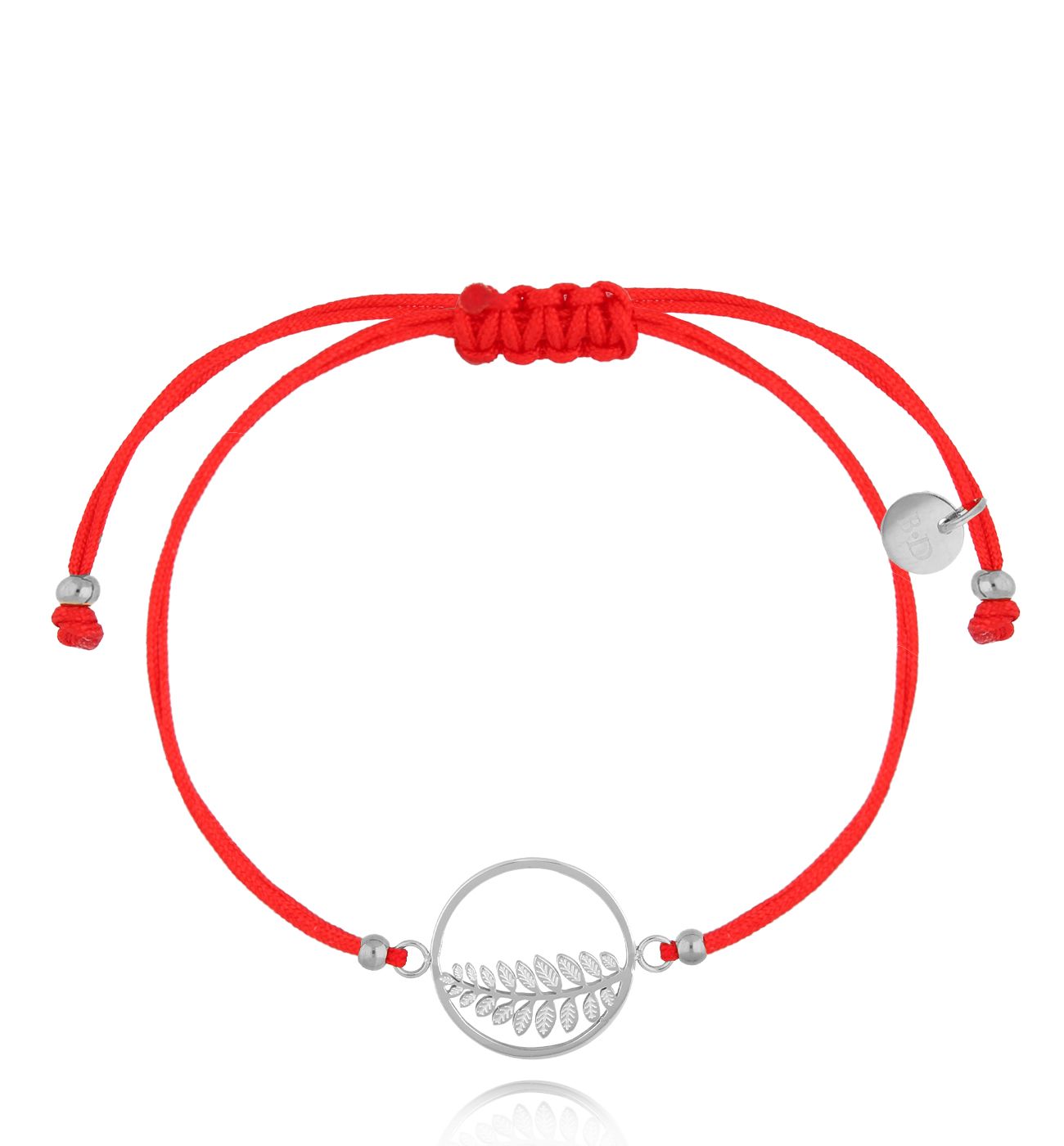 Bransoletka srebrna z czerwonym sznurkiem i liściem paproci Botanique BGL0840