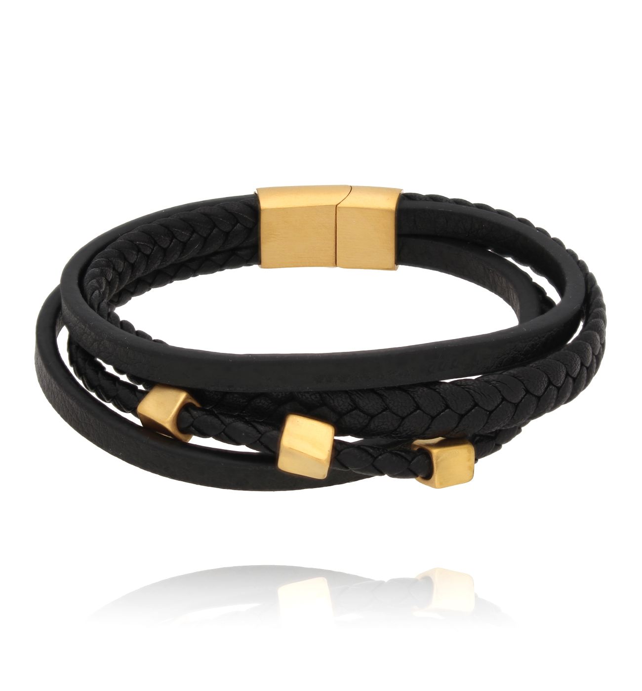 Bransoletka męska skórzana czarno złota 41 - By Dziubeka
