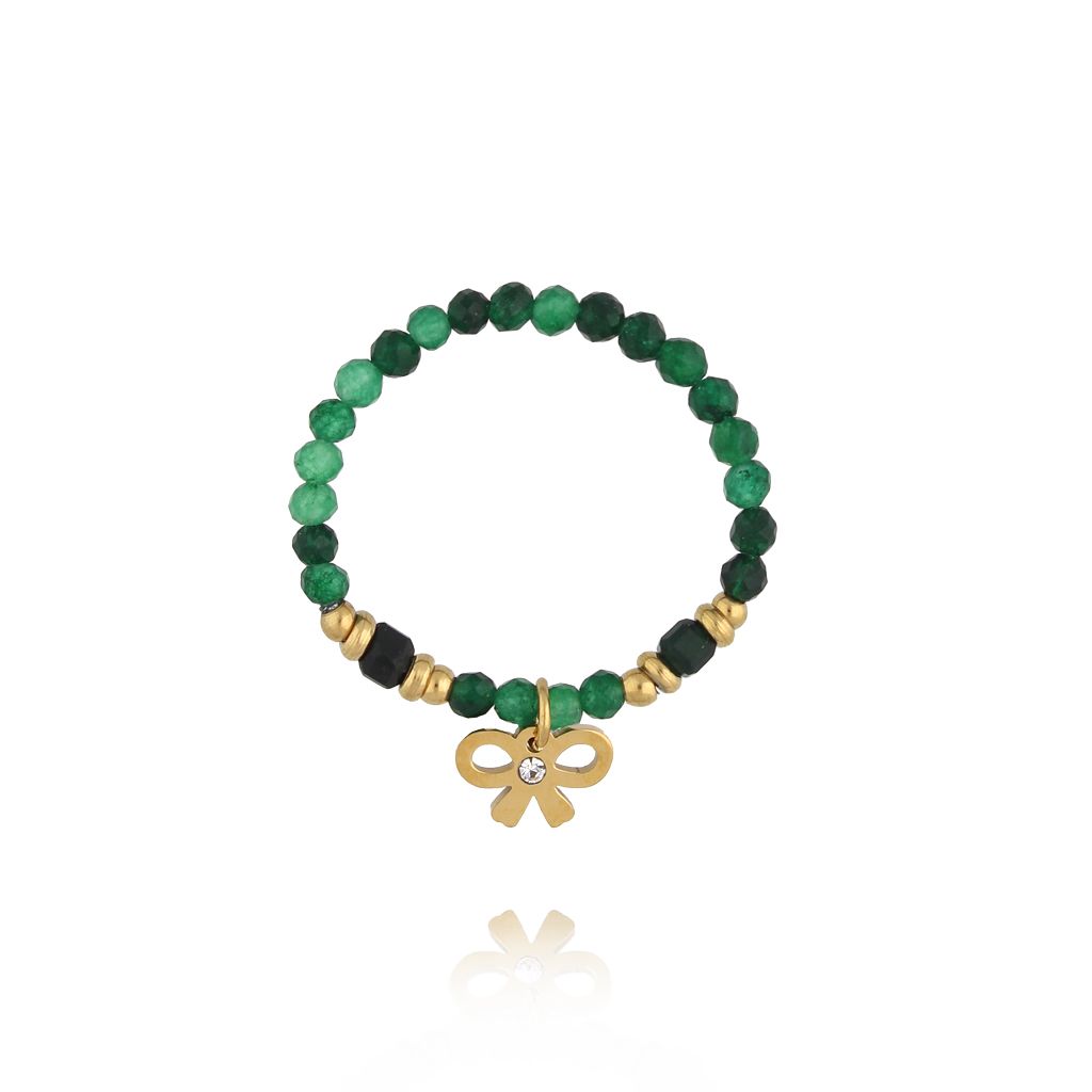 Pierścionek z zielonymi kamieniami i kokardką - By Dziubeka