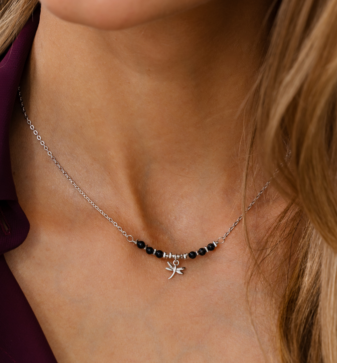 Naszyjnik z czarnymi agatami i ważką srebrny NLT0004 - By Dziubeka