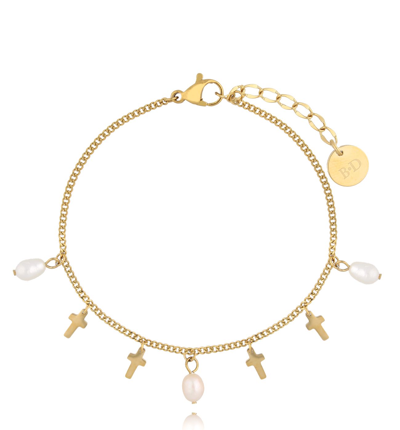 Bransoletka z perełkami i krzyżykami złota BPE0097 - By Dziubeka