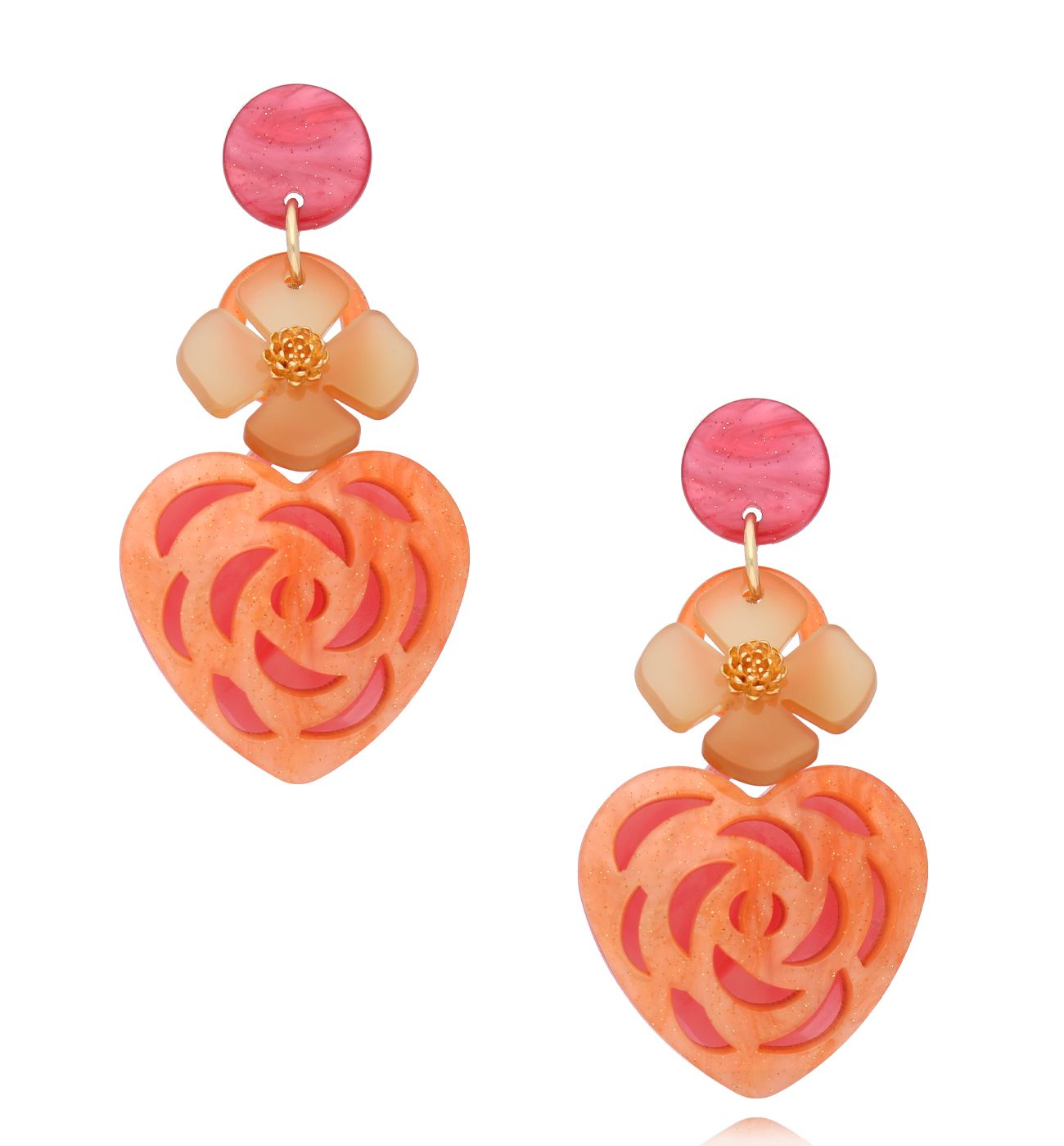 Kolczyki pomarańczowe z sercami i kwiatkami Heart & FLower KZA0256 - By Dziubeka