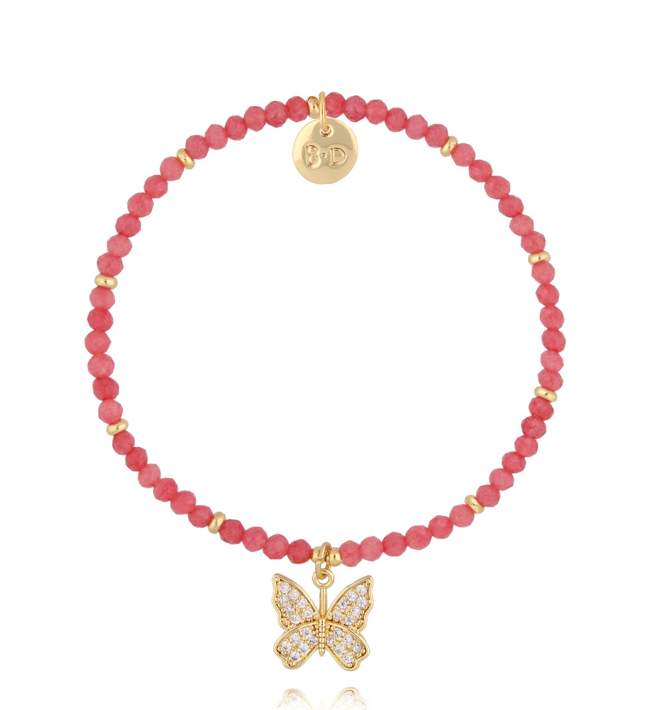 Bransoletka z czerwonymi jadeitami i motylkiem BTW3393