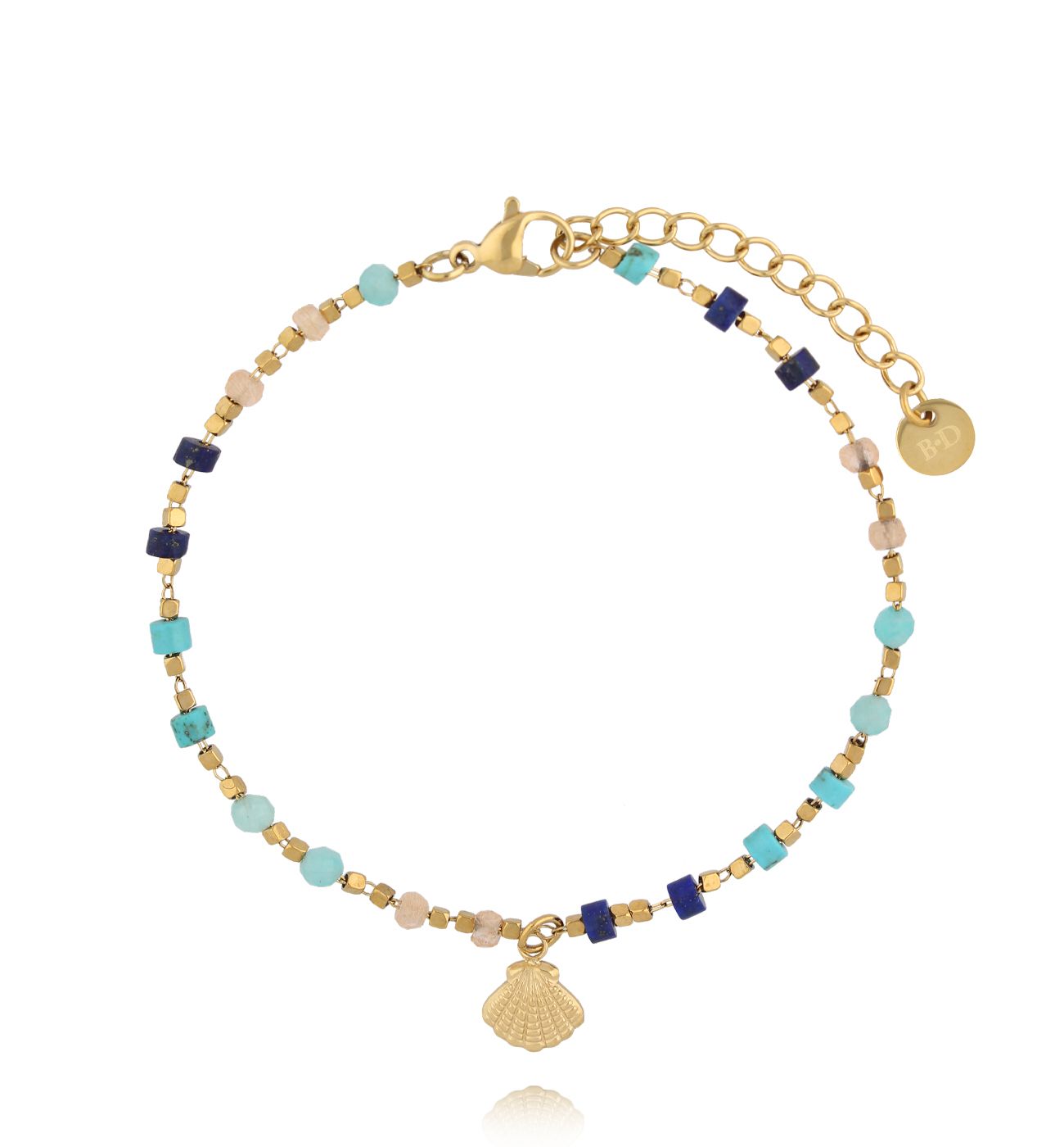 Bransoletka z lapisami, jadeitami, turkusami i zawieszką muszelką - By Dziubeka