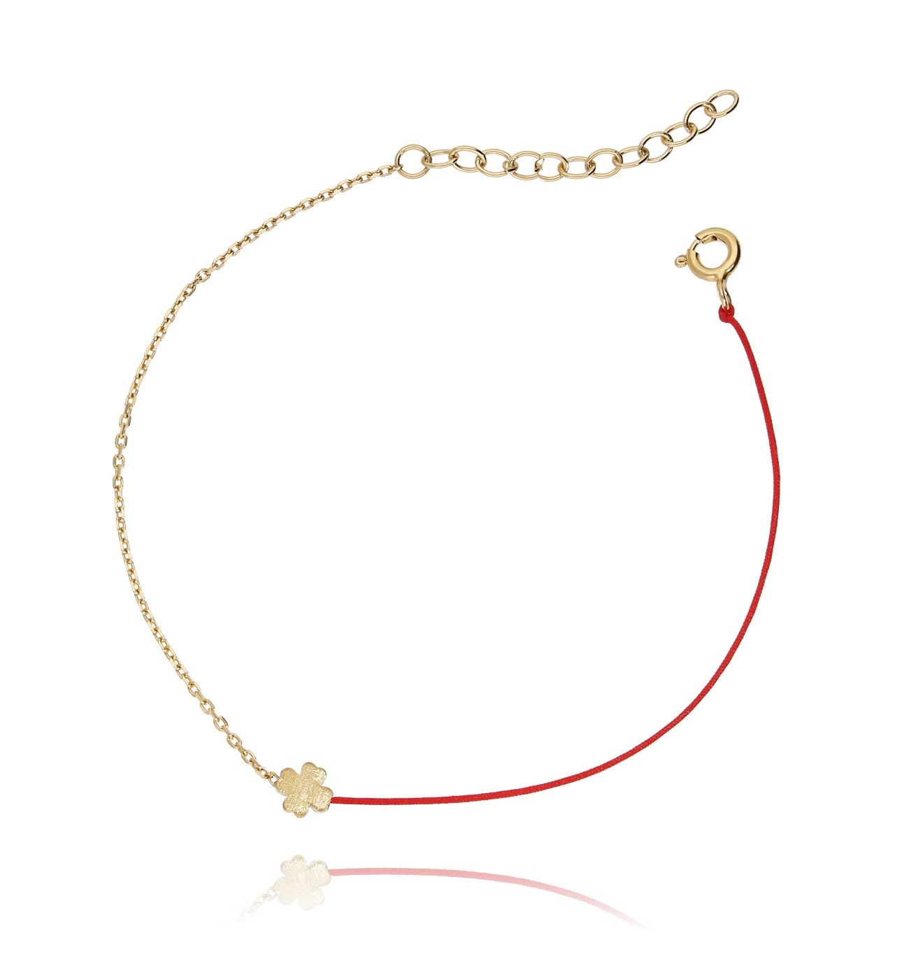 Bransoletka srebrna pozłacana z czerwonym sznurkiem - koniczynka - By Dziubeka