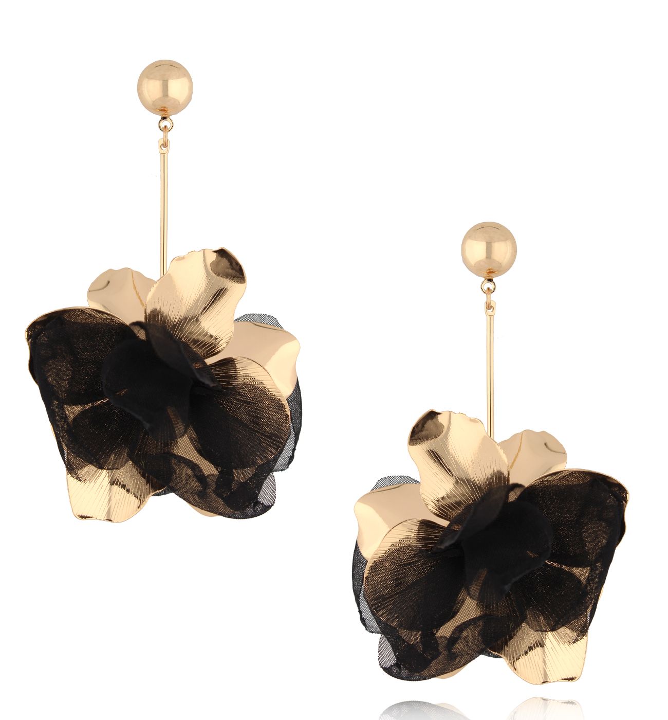 Kolczyki złote z czarną tkaniną Margherita - By Dziubeka