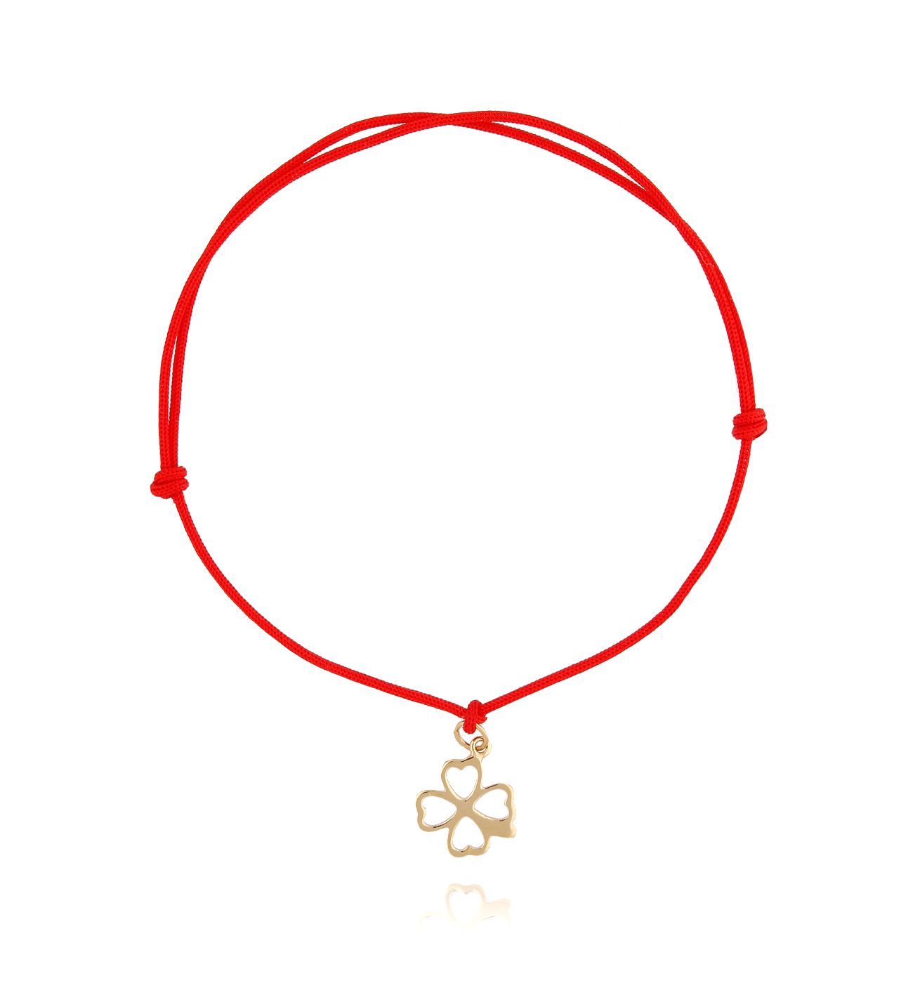 Bransoletka pozłacana koniczynka na czerwonym sznurku - By Dziubeka