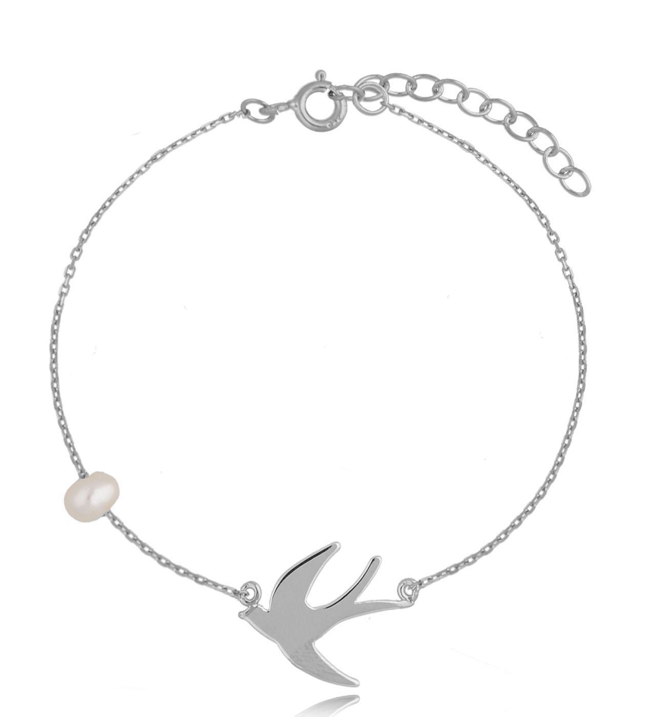 Bransoletka srebrna z jaskółką i perłą Good Sign - By Dziubeka