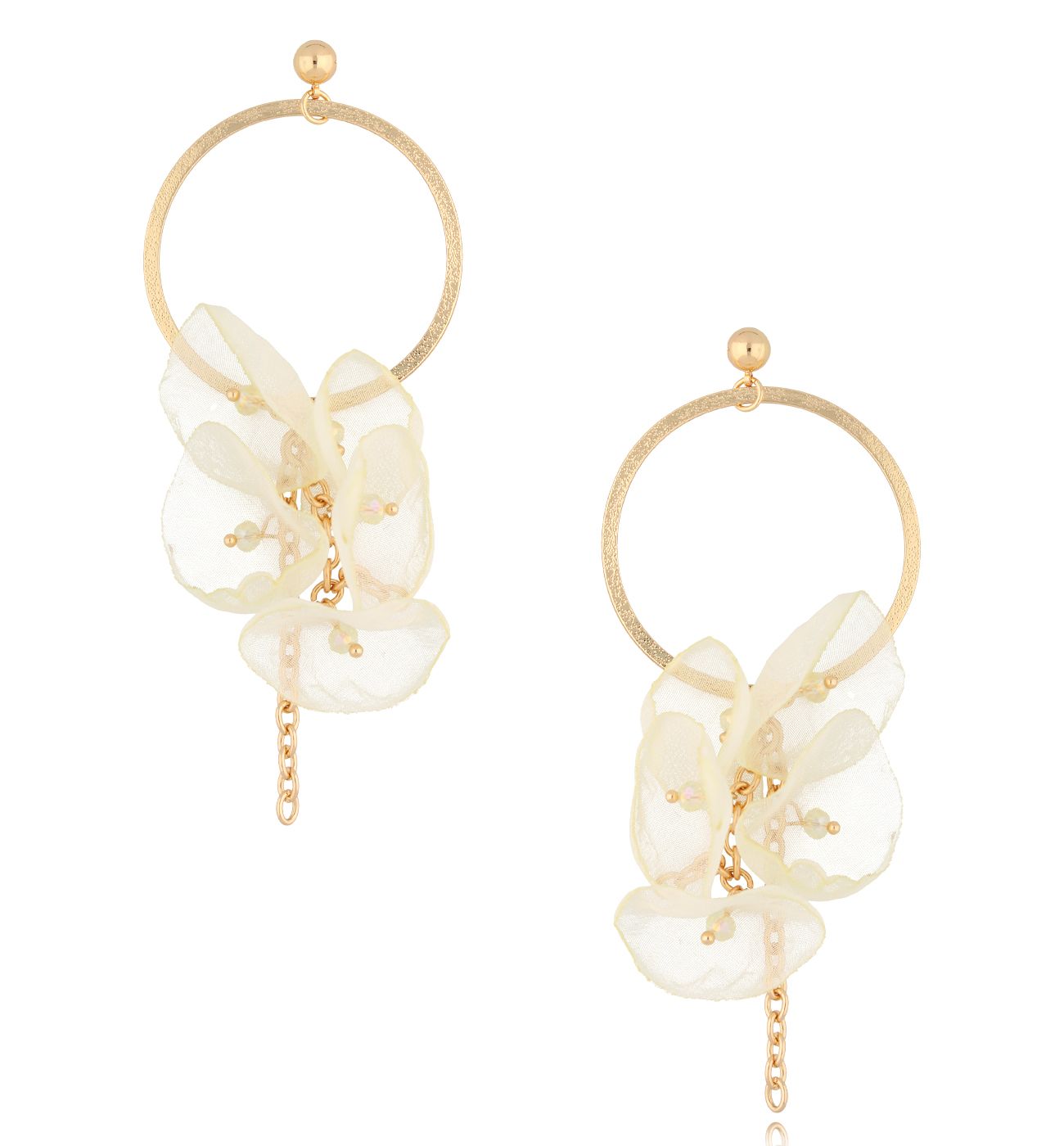 Kolczyki złote z kremową tkaniną Mauricette - By Dziubeka