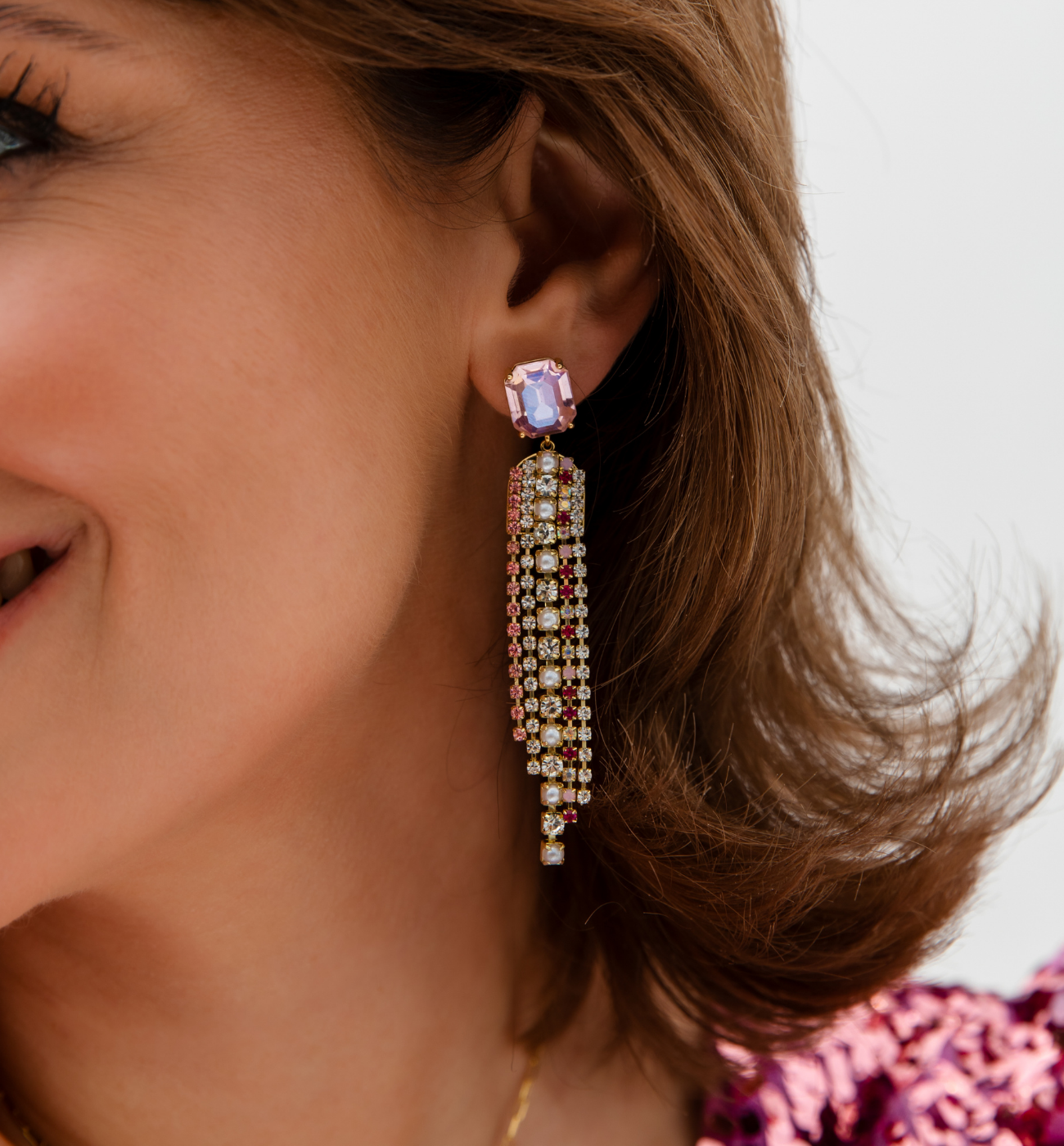 Kolczyki z kryształkami i perełkami różowe KSC0136 - By Dziubeka