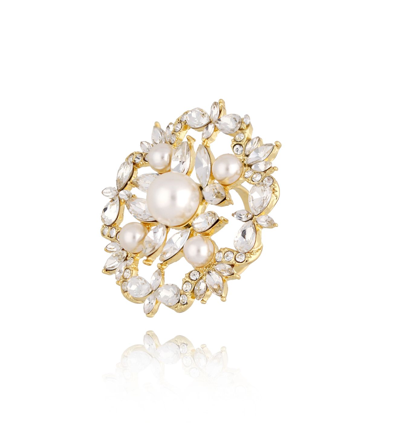 Pierścionek złoty z perełkami i kryształkami Grand Joya PSS0059