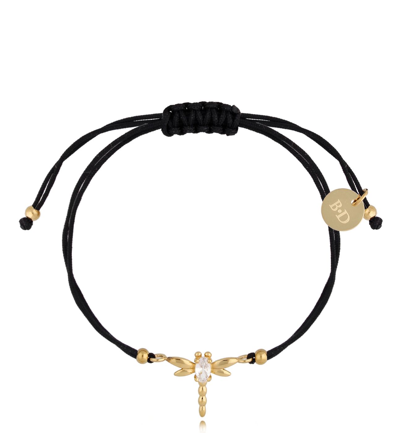 Bransoletka złota z czarnym sznurkiem i ważką Libellula BGL0715 - By Dziubeka