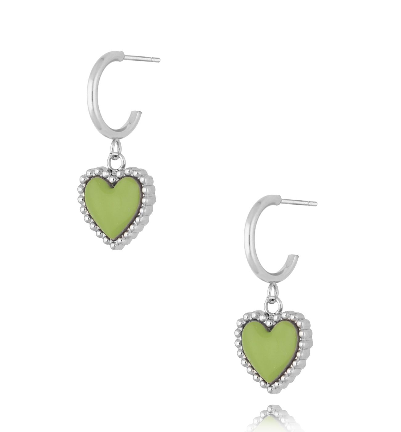 Kolczyki srebrne z sercem i zieloną emalią Enamel Heart KSA1549