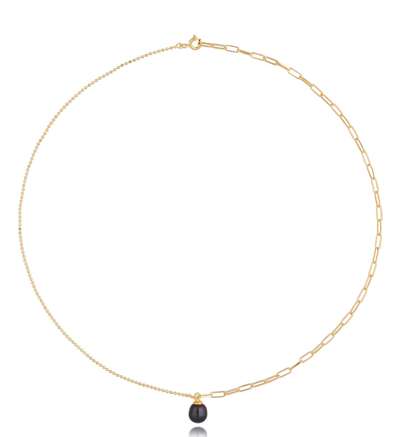 Naszyjnik pozłacany z łączonych łańcuszków z ciemną perłą Horizon - By Dziubeka