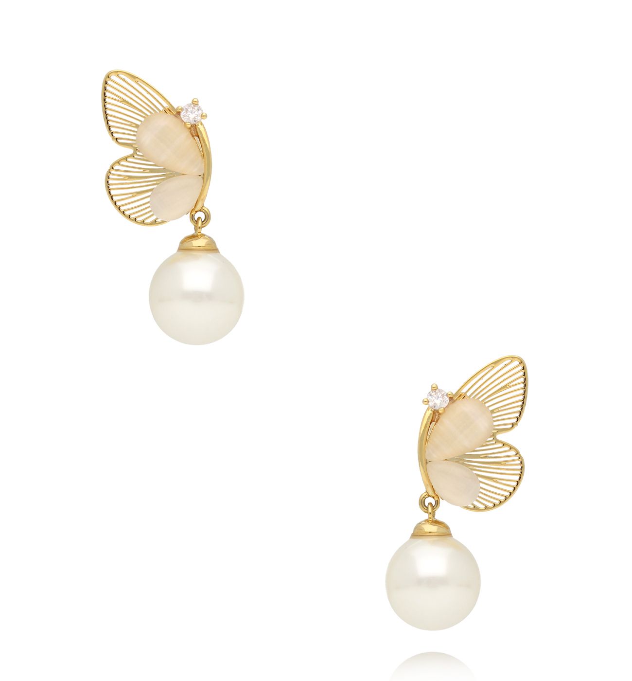 Kolczyki z perłą i złotymi skrzydłami motyla - By Dziubeka