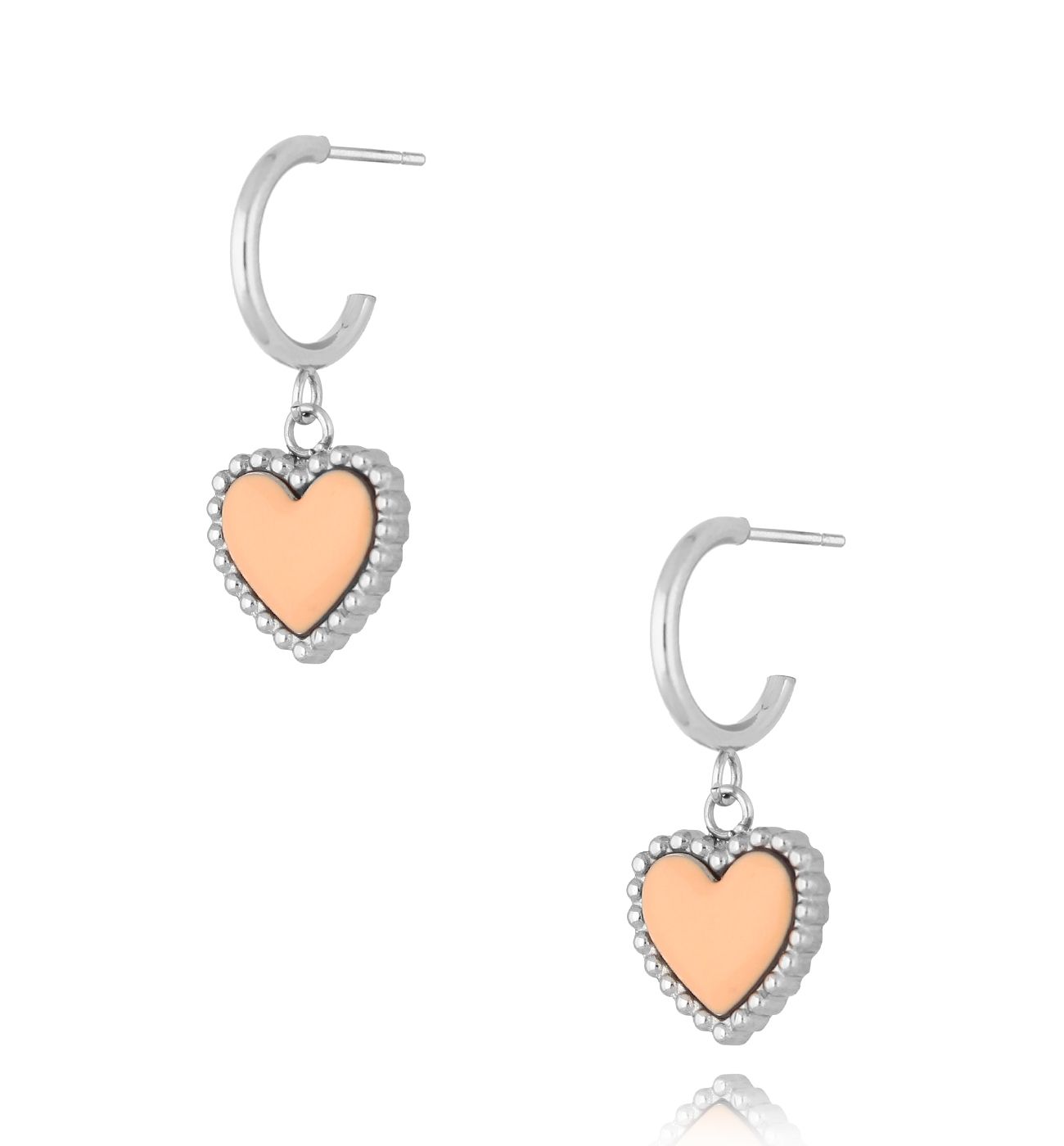 Kolczyki srebrne z sercem i brzoskwiniową emalią Enamel Heart KSA1545