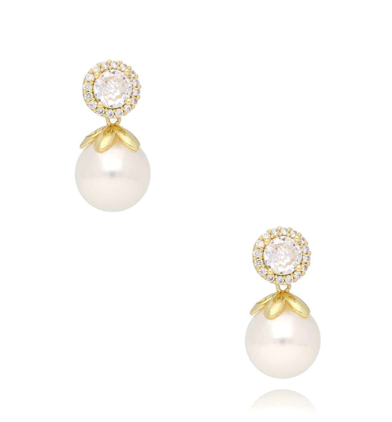 Kolczyki złote z perłą i kryształem Clear - By Dziubeka