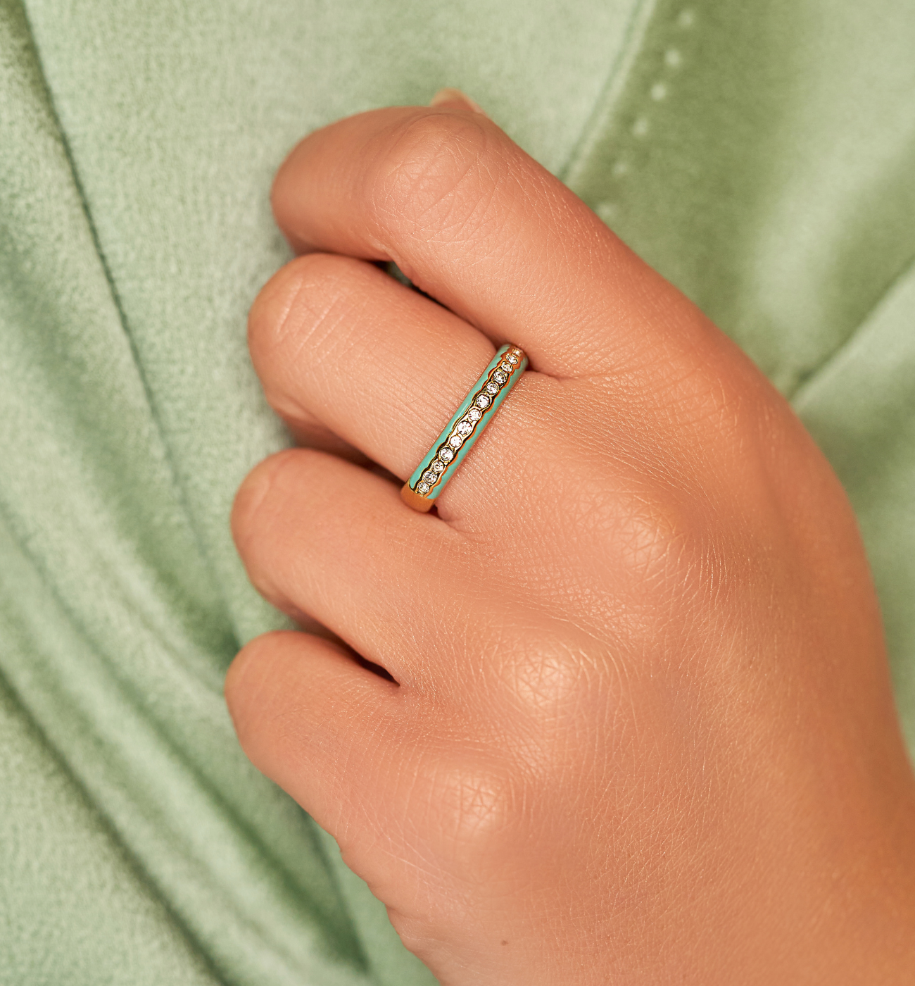 Pierścionek z cyrkoniami i turkusową emalią Mori - By Dziubeka