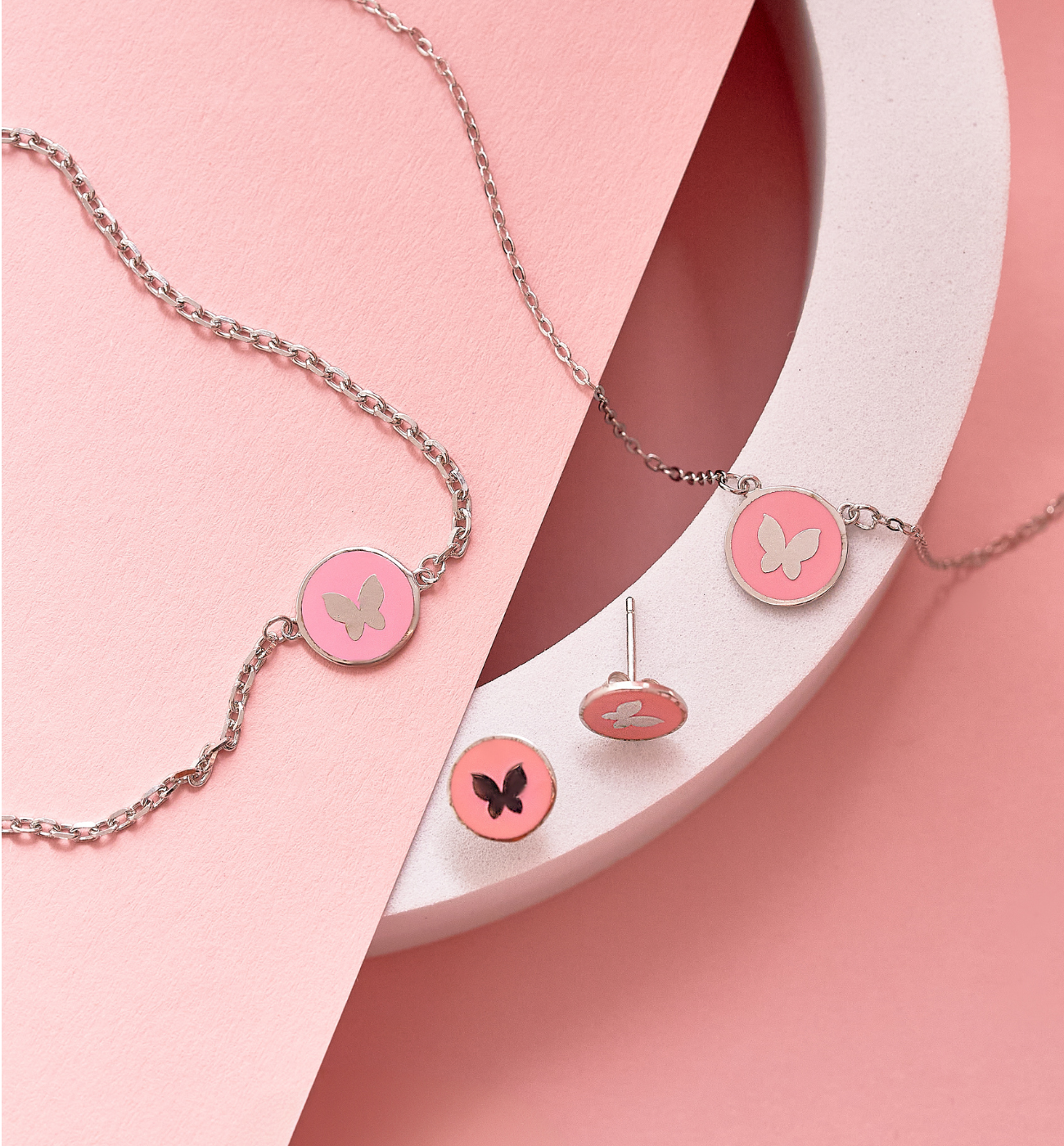 Zestaw srebrny z motylkiem i różową emalią Candyland ZCA0001 - By Dziubeka